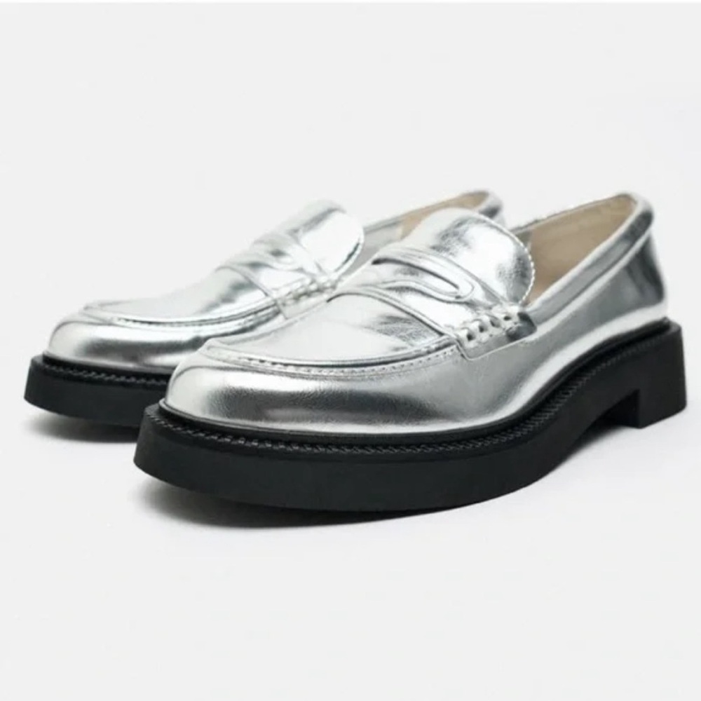 Zara Metallic Silver Loafers